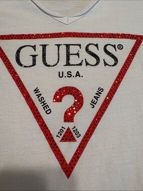 GUESS White V-Neck Tee with Red Triangle Logo